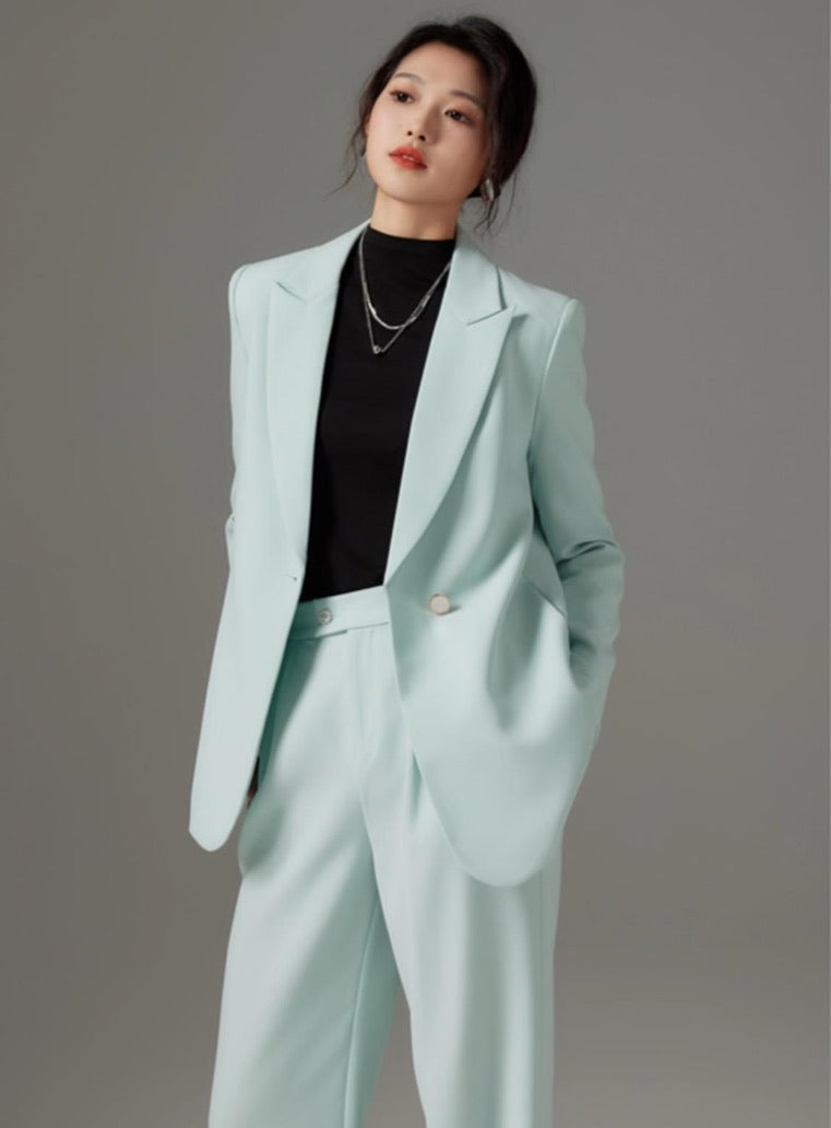 Vivacious Azure Power Suit - Tailored Wide-Leg Trousers and