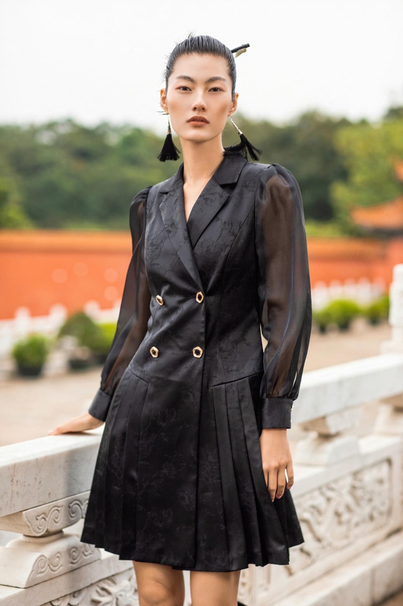 chiffon shirt dress black Black Chic Jacquard With Chiffon Sleeve Shirt Dress, XS