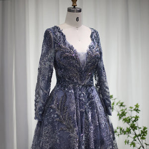 Elegant Long Sleeve Arabic Evening Dresses for Women Dubai V-Neck Luxury Crystal Muslim Wedding Guest Formal Party Gowns Stock