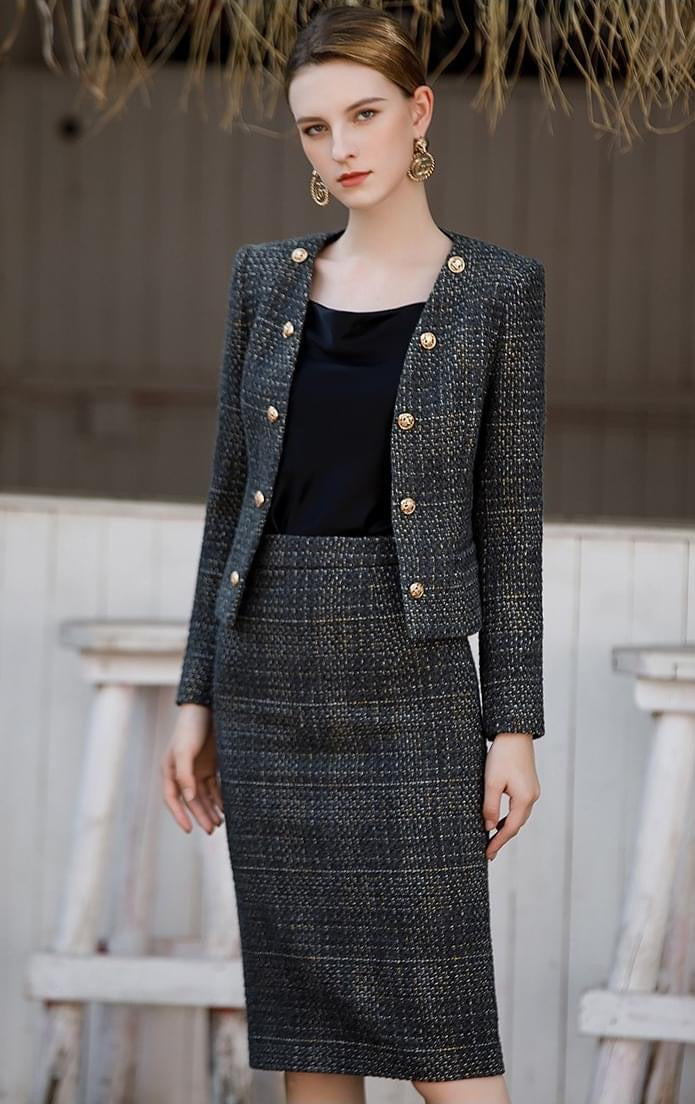 Black Tweed Button-up Jacket and Skirt Set M / Jacket / Black Black Tweed Button-up Jacket and Skirt Set M / Jacket / Black