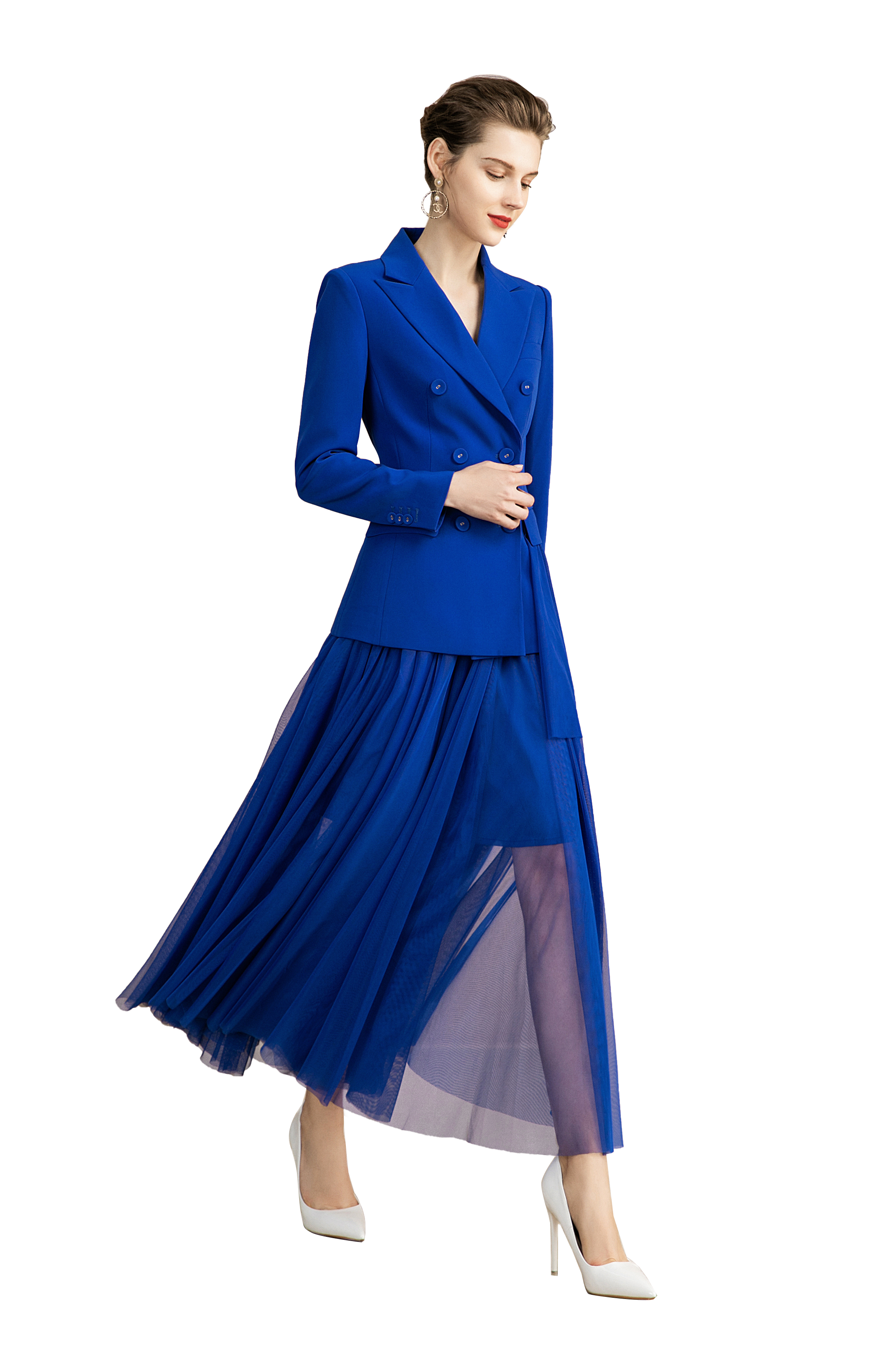 Royal Blue V-neck Pleated Blazer Skirt Suits Royal Blue V-neck Pleated Blazer Skirt Suits