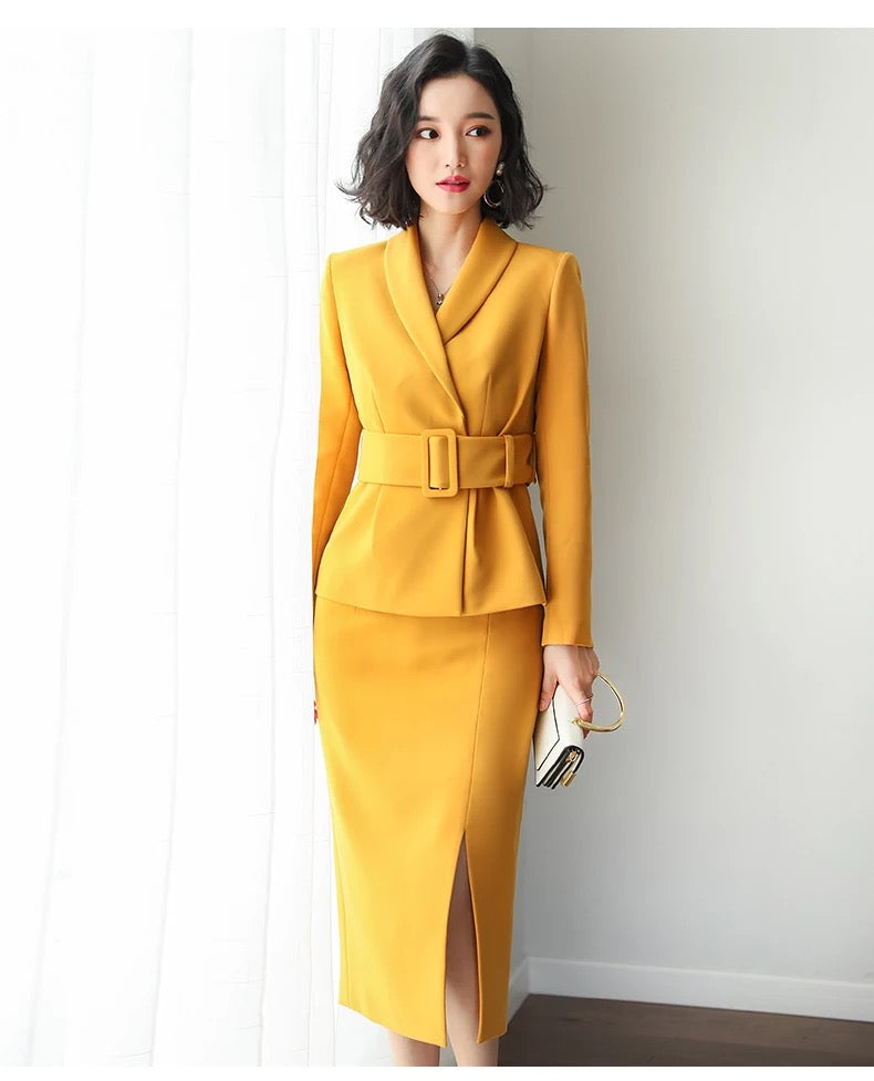 Yellow Belted Two Piece Skirt Suit, Small Yellow Belted Two Piece Skirt Suit, Small