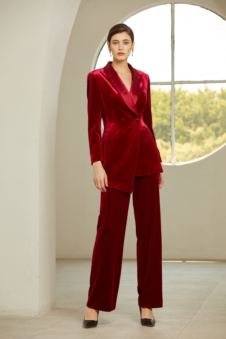 Wine Red V-neck Velvet Pant Suits, L Wine Red V-neck Velvet Pant Suits, L