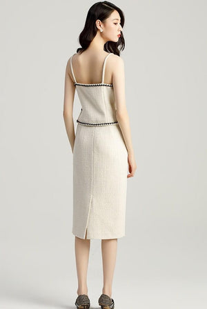 Beige Three Pcs Tweed Skirt and Blazer Set - FashionByTeresa