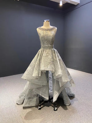 Asymmetrical Gray Elegant High /Low Evening Ball Gown - FashionByTeresa