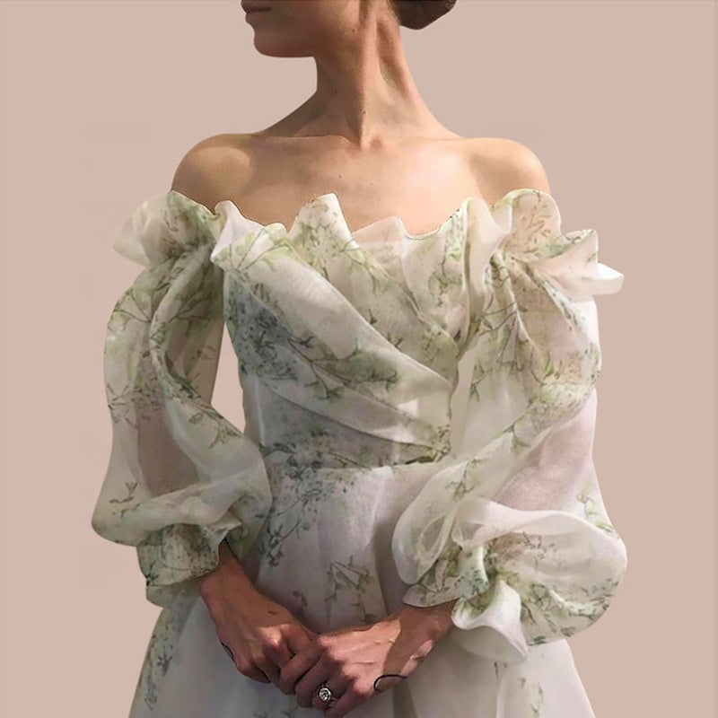 Green Floral Ruffle Organza Off Shoulder Maxi Dress | FashionByTeresa, Green / Small Green Floral Ruffle Organza Off Shoulder Maxi Dress | FashionByTeresa, Green / Small