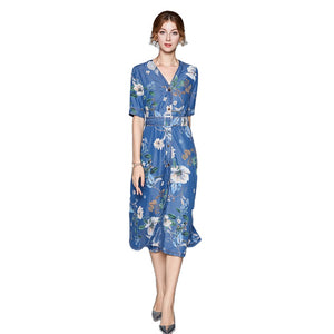 Blue Denim V-neck Summer Midi Dress - FashionByTeresa