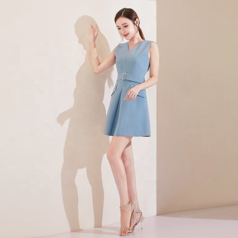 Blue V-neck Sleeveless Belt Casual Mini Dress - FashionByTeresa