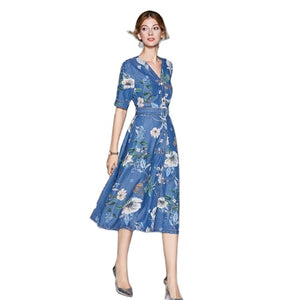 Blue Denim V-neck Summer Midi Dress - FashionByTeresa