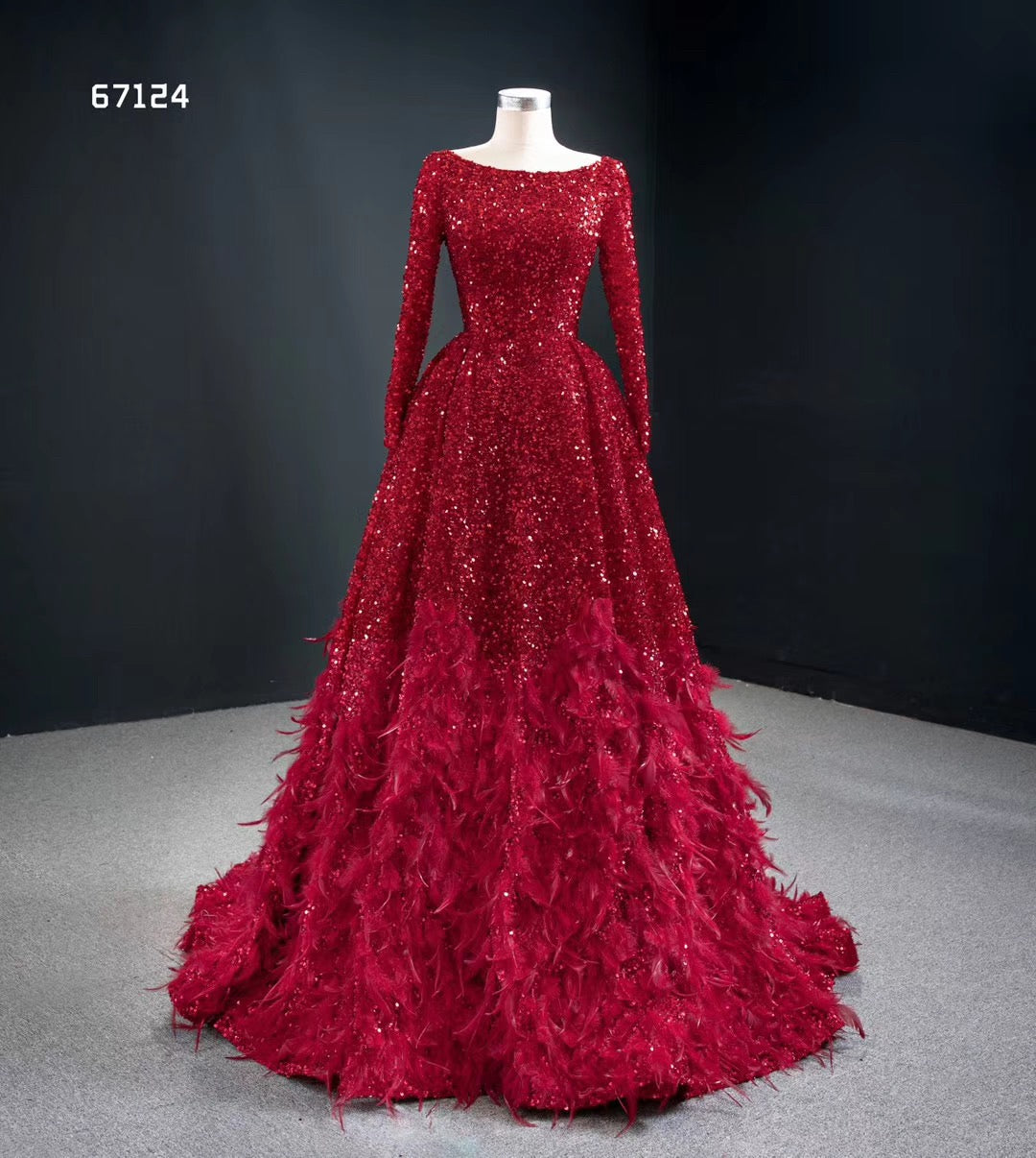 Red Long Sleeve Scoopneck Sparkling Evening Ball Gown, Red / XS Red Long Sleeve Scoopneck Sparkling Evening Ball Gown, Red / XS