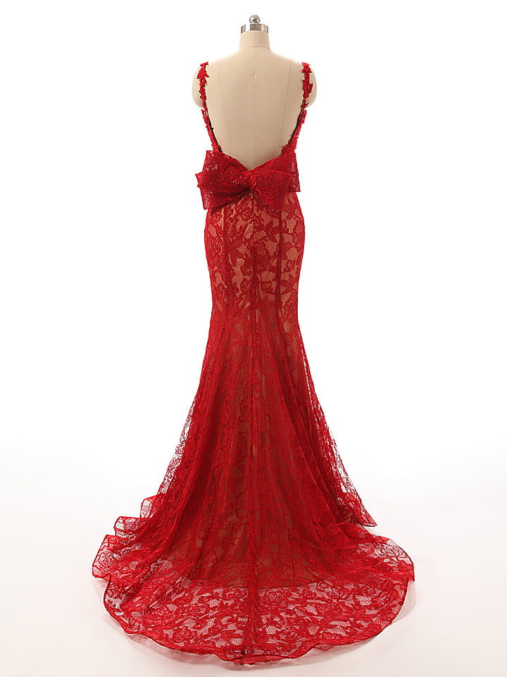 Red sexy lace bowknot backless evening gown - FashionByTeresa