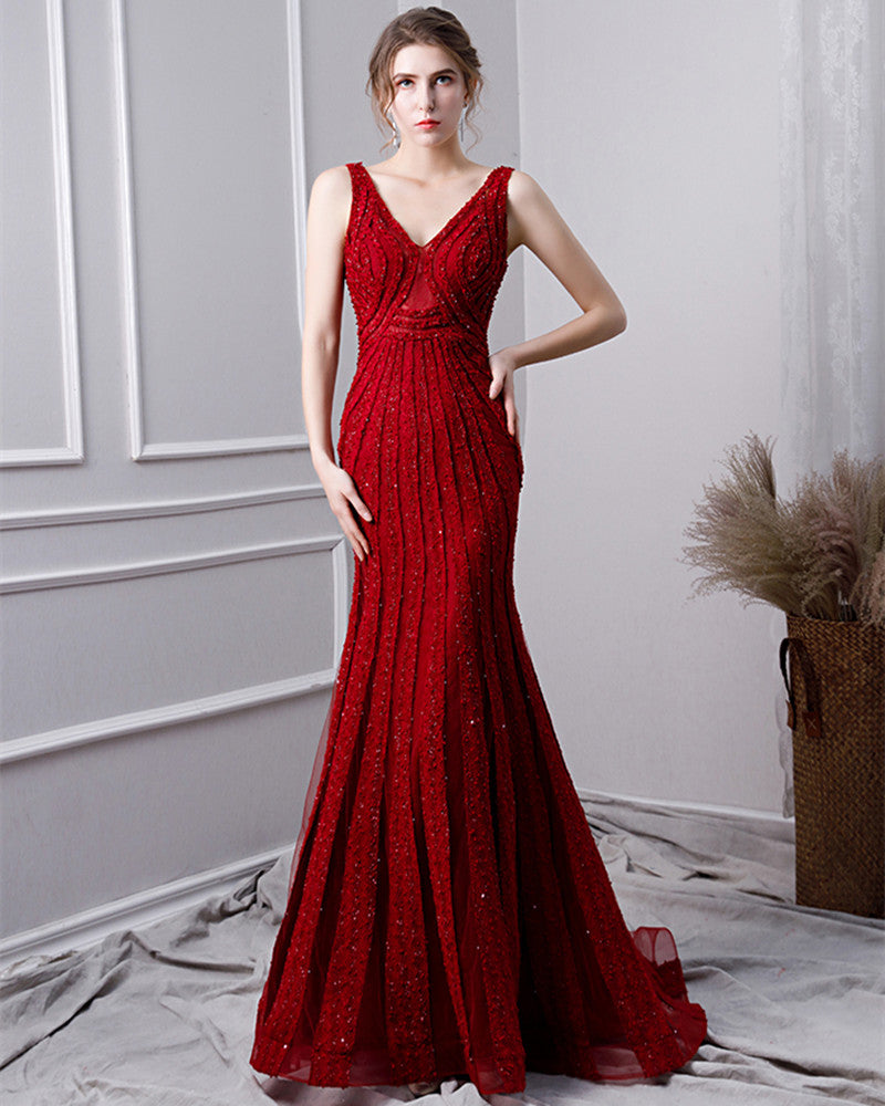 Wine Red Sexy Mermaid Beaded Evening Gown Red / 16 Wine Red Sexy Mermaid Beaded Evening Gown Red / 16