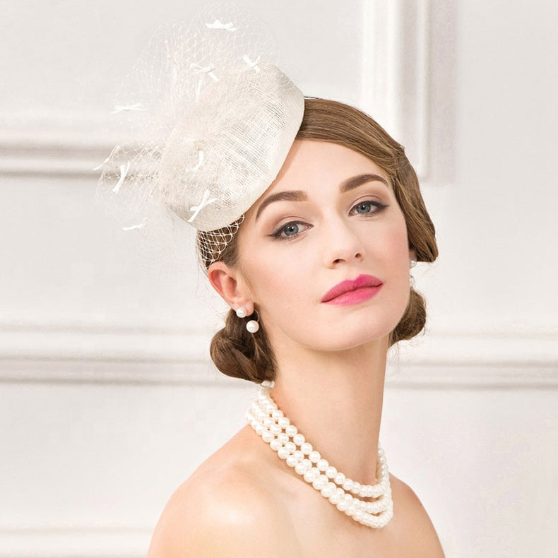 Beige White Formal British Cocktail Fedora Feather Fascinator Hat - FashionByTeresa