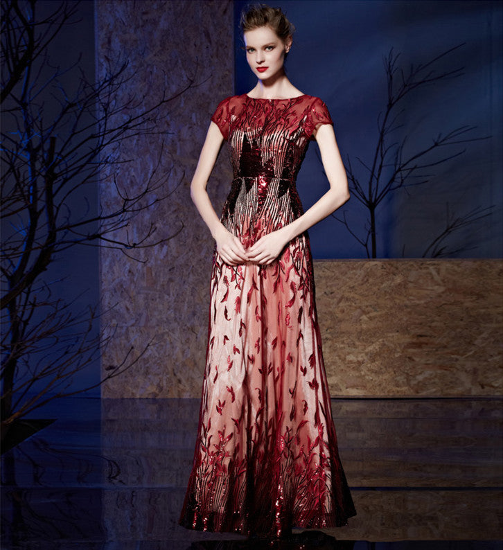 Burgundy Vintage Crystal Beaded Lace 3D Floral Sequined Evening Gown - FashionByTeresa