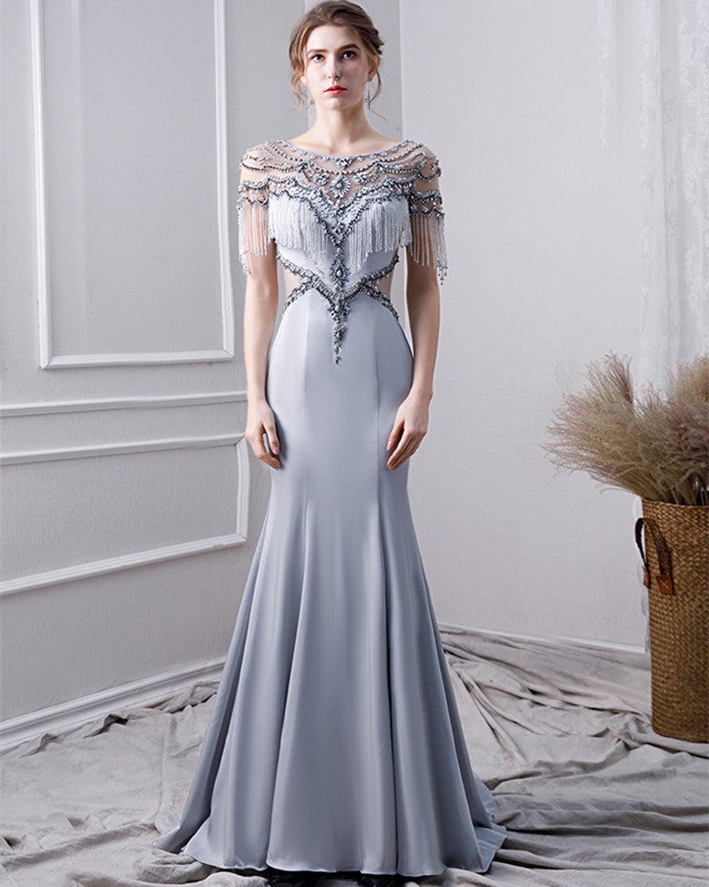 Gray Satin Beaded Sequined Evening Gown | FashionByTeresa Gray Satin Beaded Sequined Evening Gown | FashionByTeresa