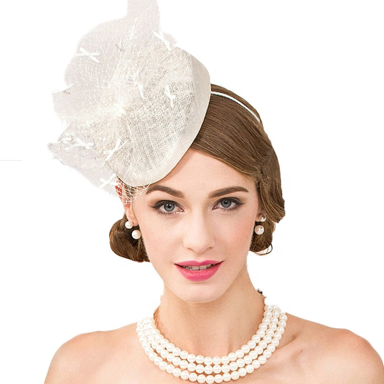 Beige White Formal British Cocktail Fedora Feather Fascinator Hat - FashionByTeresa