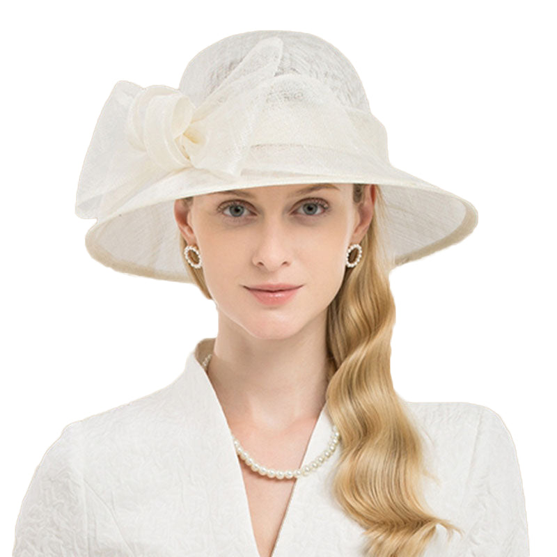 Elegant Big Bow Linen Wide Brim Ladies Hat Beige White