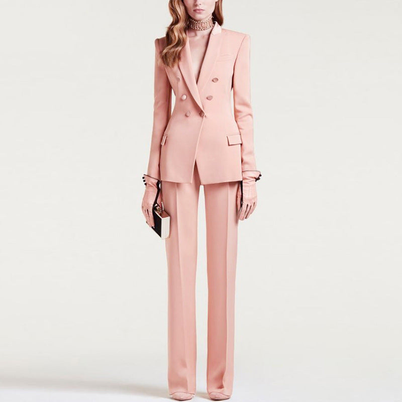 Luck A Women Office White Pink Suit Two Piece Pantsuit Elegant