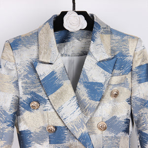Silver and Blue Checkered Double Breasted Elegant Women Blazer - FashionByTeresa