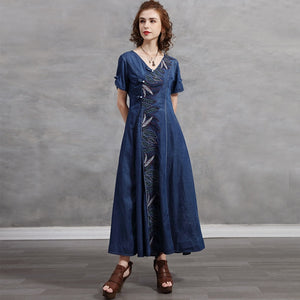 Embroidery Denim Dress V-Neck Short Sleeve Button Maxi Dress - FashionByTeresa