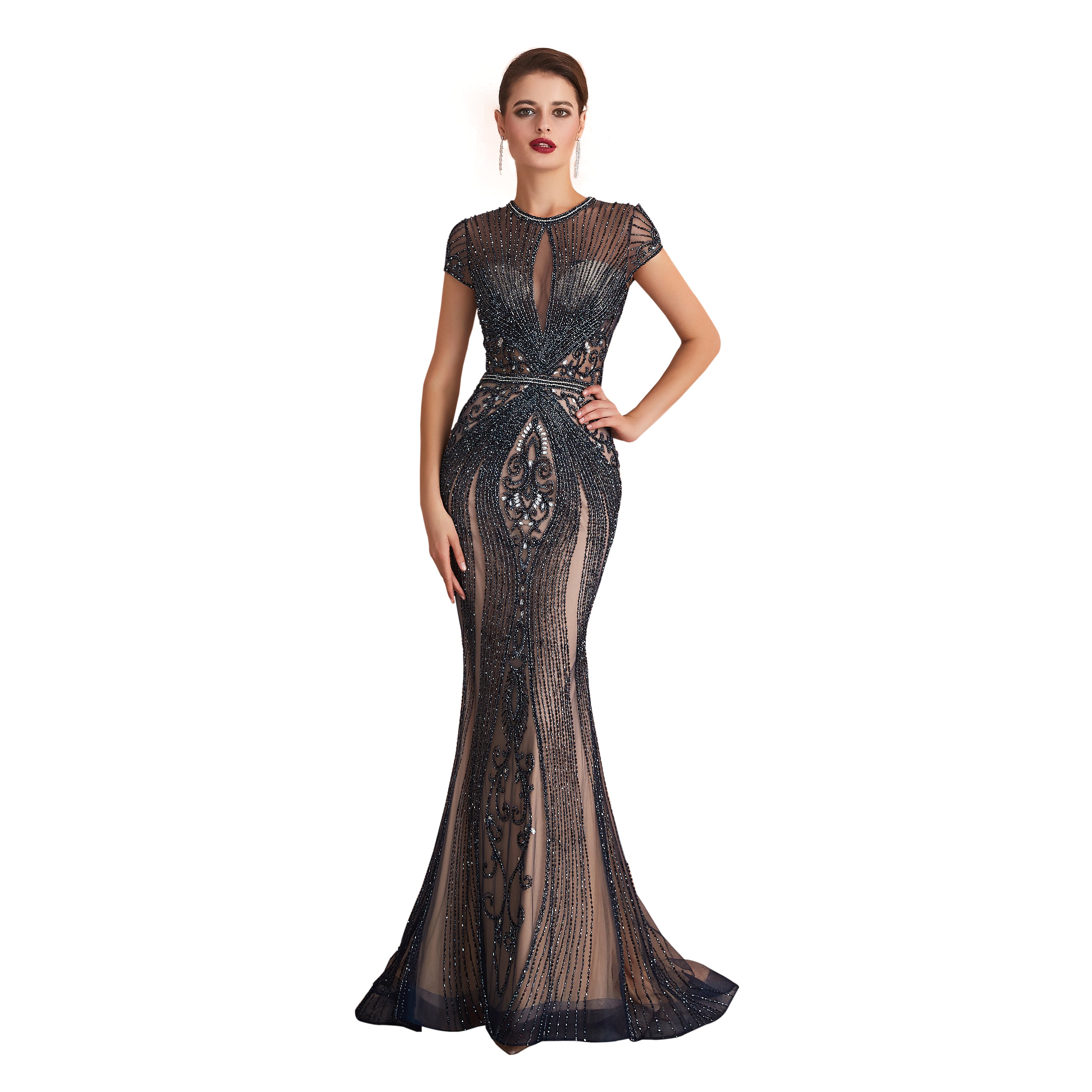 Black Nude Sexy Lace Beaded Ball Gown | FashionByTeresa Floor Length / Black / 10 Black Nude Sexy Lace Beaded Ball Gown | FashionByTeresa Floor Length / Black / 10