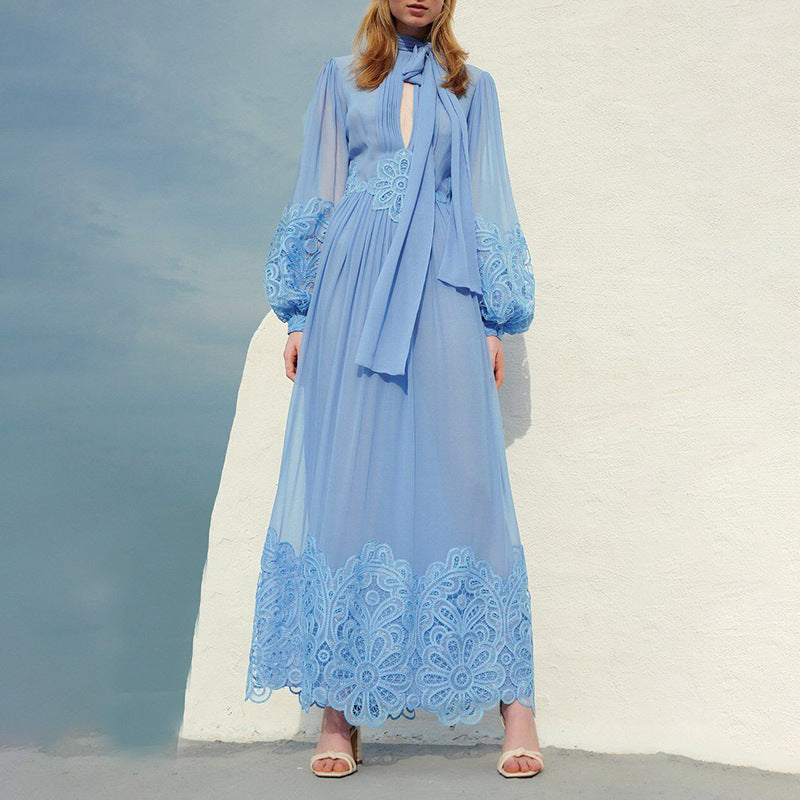 Lantern Sleeve High Waist Lace Maxi Dress | FashionByTeresa Sky Blue / L Lantern Sleeve High Waist Lace Maxi Dress | FashionByTeresa Sky Blue / L