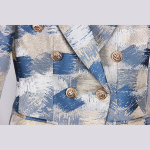 Silver and Blue Checkered Double Breasted Elegant Women Blazer - FashionByTeresa