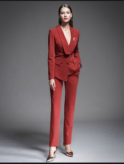TeresaCollections - Wine Red Velvet Women Tuxedos Formal Pant Suits