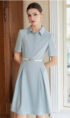 Chic Belted Pleated A-Line Dress with Collared Neckline