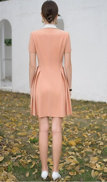 Elegant Peach Dress with Contrasting White Lapel FashionByTeresa Elegant Peach Dress with Contrasting White Lapel FashionByTeresa