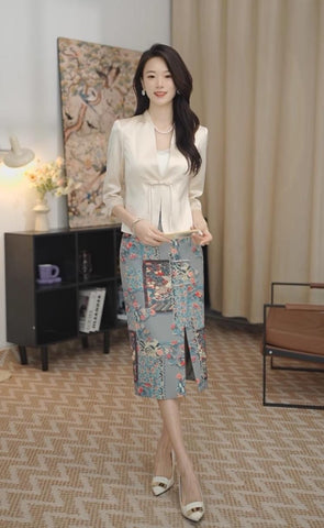 Vintage-Inspired Embroidered Blouse And Printed Midi Skirt Set