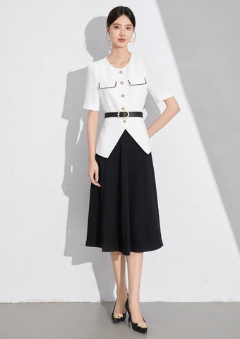 Black and White Belted A-Line Skirt Suit