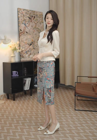 Vintage-Inspired Embroidered Blouse And Printed Midi Skirt Set