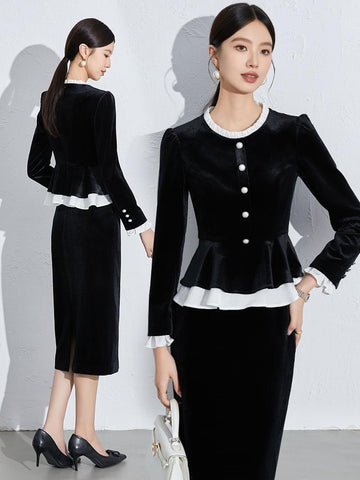 Black Velvet Peplum Skirt Suit