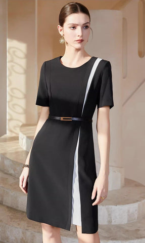 Sophisticated Belted Colorblock Sheath Dress