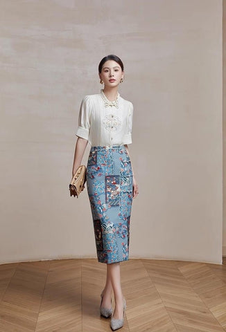 Vintage-Inspired Embroidered Blouse And Printed Midi Skirt Set