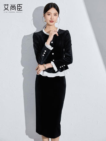 Black Velvet Peplum Skirt Suit