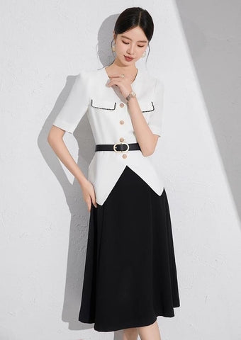 Black and White Belted A-Line Skirt Suit