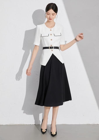 Black and White Belted A-Line Skirt Suit