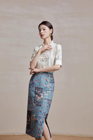 Vintage-Inspired Embroidered Blouse And Printed Midi Skirt Set