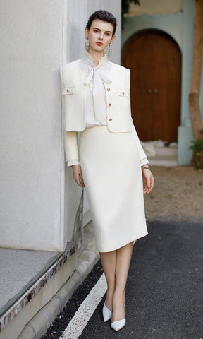 Ivory Elegance Textured Skirt Suit - FashionByTeresa