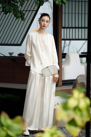 Elegant Ivory Silk Blouse and Wide-Leg Pants Set