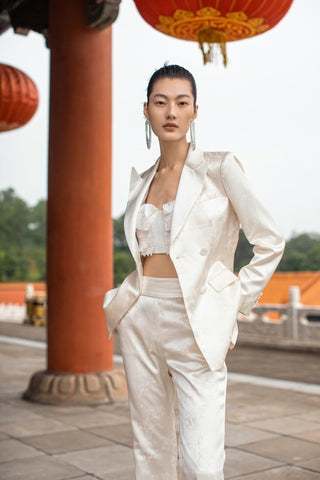 White Satin Blazer and Pants Suit