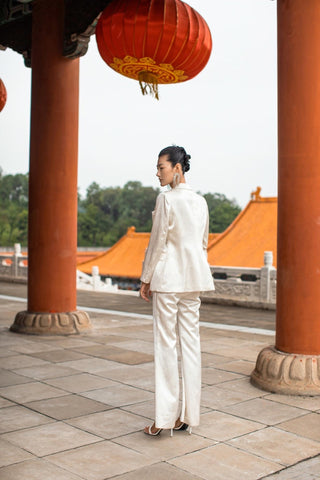 White Satin Blazer and Pants Suit