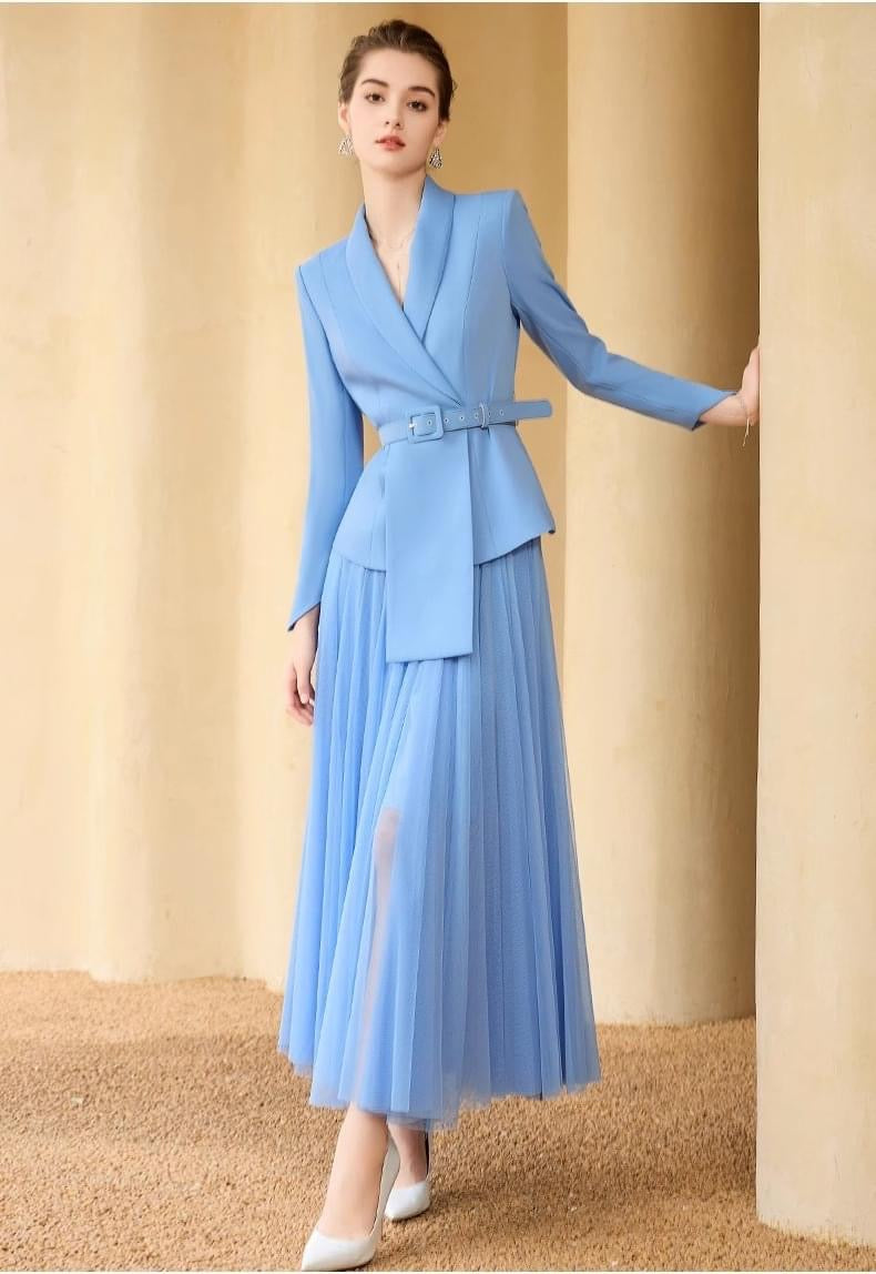 Sky Blue Pleated Skirt Suit XS / Set