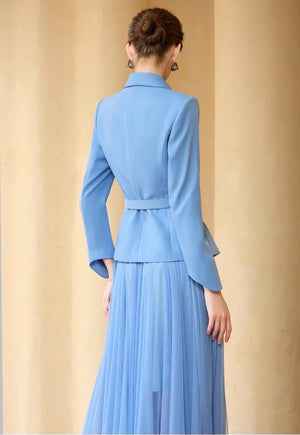 Sky Blue Pleated Skirt Suit
