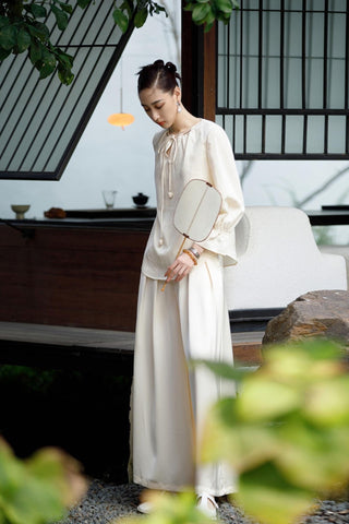 Elegant Ivory Silk Blouse and Wide-Leg Pants Set