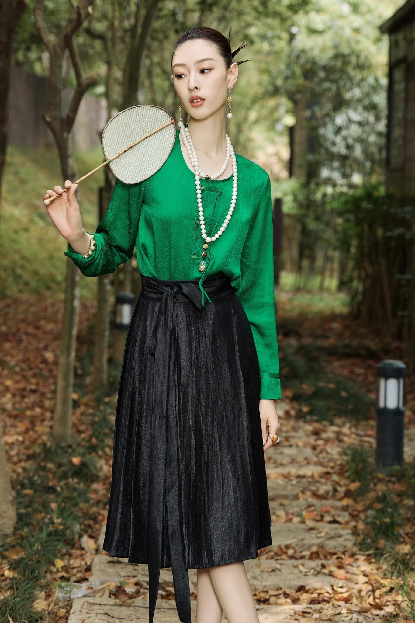 Green Silk Blouse and Black Skirt Set