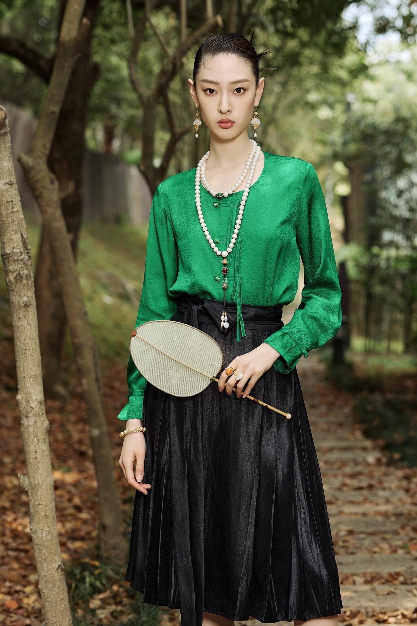 Green Silk Blouse and Black Skirt Set