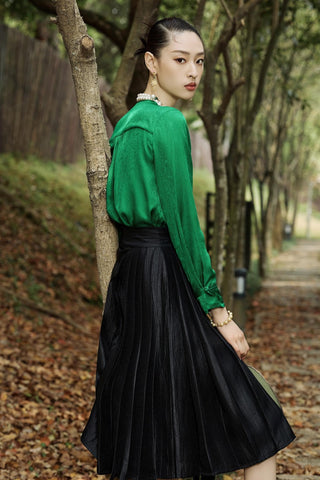 Green Silk Blouse and Black Skirt Set